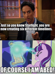 Size: 376x499 | Tagged: safe, starlight glimmer, pony, unicorn, the cutie re-mark, abed, community, cutie map, friendship throne, glowing horn, magic, telekinesis, time travel, timeline