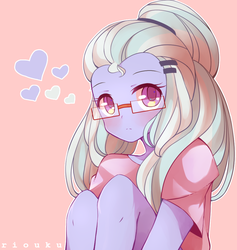 Size: 900x950 | Tagged: safe, artist:riouku, sugarcoat, equestria girls, g4, blushing, clothes, colored pupils, cute, female, glasses, heart, looking at you, meganekko, pink background, shirt, signature, simple background, sitting, solo, sugarcute
