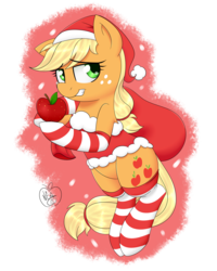 Size: 1600x2000 | Tagged: safe, alternate version, artist:notenoughapples, applejack, earth pony, pony, semi-anthro, g4, apple, clothes, female, food, grin, hat, hind legs, legs together, looking at you, sack, santa hat, santa sack, sexy santa costume, simple background, socks, solo, striped socks, transparent background