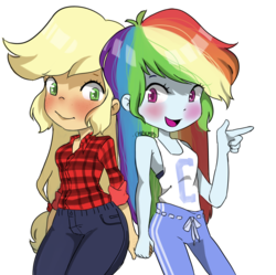 Size: 4976x4962 | Tagged: safe, artist:chibicmps, applejack, rainbow dash, equestria girls, g4, absurd resolution, blushing, cute, duo, female, holding hands, lesbian, open mouth, plaid shirt, pointing, ship:appledash, shipping, simple background, smiling, transparent background