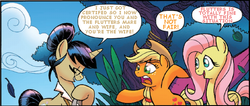 Size: 576x244 | Tagged: safe, artist:tony fleecs, edit, idw, applejack, fluttershy, nosey news, quill (g4), g4, comic, female, lesbian, ship:appleshy, shipping, text edit