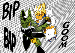 Size: 1024x724 | Tagged: safe, artist:nickstarwind89, dragon ball, dragon ball z, fight, perfect cell, ponified, son goku, super saiyan