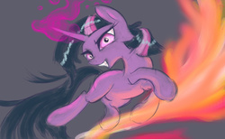 Size: 1024x630 | Tagged: safe, artist:dynamiclines, twilight sparkle, pony, unicorn, g4, crazy face, faic, female, fire, gray background, magic, simple background, solo, unicorn twilight