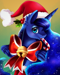 Size: 1704x2128 | Tagged: safe, artist:pridark, princess luna, g4, bell, bow, candy, candy cane, christmas, cute, female, food, hat, holly, lunabetes, mouth hold, portrait, santa hat, solo