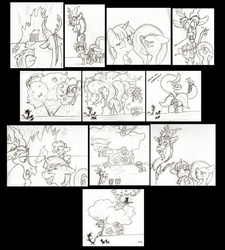 Size: 1024x1137 | Tagged: safe, artist:wahyawolf, discord, fluttershy, pinkie pie, twilight sparkle, alicorn, earth pony, pegasus, pony, g4, comic, female, golden oaks library, grayscale, little shop of horrors, mare, monochrome, sketch, traditional art, twilight sparkle (alicorn)