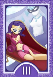 Size: 1200x1728 | Tagged: safe, artist:howxu, rarity, human, g4, belly button, belly dancer, breasts, clothes, couch, evening gloves, fainting couch, featureless breasts, female, gloves, humanized, midriff, skirt, solo, tarot card, the empress