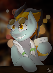 Size: 1280x1749 | Tagged: safe, artist:vivofortissimo, oc, oc only, oc:cauldroy waters, earth pony, pony, alcohol, beer, food, glasses, grin, male, smiling, solo, stallion, towel