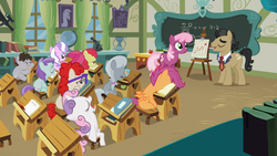 Size: 1366x768 | Tagged: safe, screencap, apple bloom, cheerilee, diamond tiara, filthy rich, liza doolots, petunia, scootaloo, silver spoon, sweetie belle, tootsie flute, truffle shuffle, twist, family appreciation day, g4, cutie mark crusaders, dollar sign