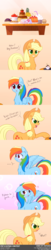 Size: 1920x9496 | Tagged: safe, artist:dsp2003, applejack, pinkie pie, rainbow dash, earth pony, pegasus, pony, ..., :o, appledash, banana, be gentle, blushing, bubble, cake, chest fluff, comic, confused, dialogue, ear fluff, female, floating heart, food, frown, fruit, gradient background, grin, heart, ice cream, innuendo, jelly, lesbian, lidded eyes, looking at you, looking away, mare, misunderstanding, open mouth, pie, pineapple, please be gentle, pointing, raised hoof, shipping, shy, smiling, spread wings, surprised, text, wat, wide eyes, wingboner, wings