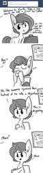 Size: 806x3224 | Tagged: safe, artist:tjpones, oc, oc only, oc:brownie bun, horse wife, ask, brownie bun without her pearls, coffee, comic, cup, dialogue, food, monochrome, offscreen character, tumblr