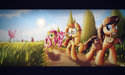 Size: 2200x1319 | Tagged: safe, artist:ruhisu, fluttershy, pinkie pie, oc, earth pony, pegasus, pony, unicorn, g4, canon x oc, cherry blossoms, commission, cutie mark, female, flower, friends, glasses, group, letterboxing, male, mare, meadow, path, picnic basket, shipping, spring, stallion, sunlight, walking, windmill