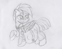 Size: 1280x1005 | Tagged: safe, artist:mlp-pregnancy-is-magic, rainbow dash, pegasus, pony, g4, alternate timeline, apocalypse dash, armor, belt, clothes, crystal war timeline, female, kicking, monochrome, preggo dash, pregnant, prosthetic limb, sketch, solo, torn clothes, torn ear, traditional art, wardrobe malfunction