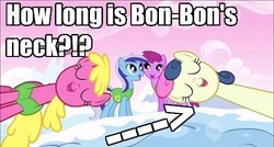 Size: 500x268 | Tagged: safe, edit, edited screencap, screencap, berry punch, berryshine, bon bon, cherry berry, minuette, sweetie drops, earth pony, pony, g4, winter wrap up, female, great moments in animation, image macro, long neck, long pony, longbon, mare, meme, necc, text, winter wrap up song