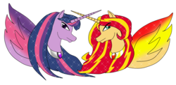 Size: 2287x1115 | Tagged: safe, artist:odiz, sunset shimmer, twilight sparkle, alicorn, pony, g4, alicornified, race swap, shimmercorn, twilight sparkle (alicorn)