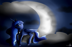 Size: 3000x1965 | Tagged: safe, artist:pillonchou, princess luna, g4, cloud, crying, female, floppy ears, moon, night, prone, solo, tangible heavenly object