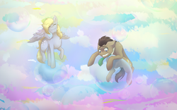 Size: 1920x1200 | Tagged: safe, artist:aqualuna112, derpy hooves, doctor whooves, time turner, earth pony, pony, g4, bubble, cloud, eyes closed, floating, gritted teeth, male, spread wings, stallion