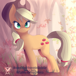 Size: 1600x1600 | Tagged: safe, artist:lasky111, applejack, g4, :3, autumn, female, forest, leaves, solo