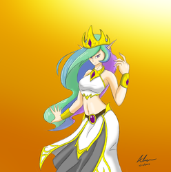 Size: 3763x3793 | Tagged: safe, artist:evanzblack, princess celestia, human, g4, belly button, clothes, elf ears, female, gradient background, high res, humanized, midriff, multicolored hair, pose, praise the sun, purple eyes, sexy, skirt, solo, stupid sexy celestia, top