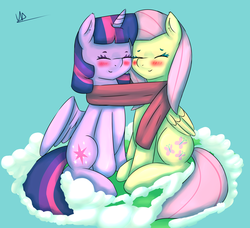 Size: 3985x3636 | Tagged: safe, artist:wolfy-pony, fluttershy, twilight sparkle, alicorn, pony, g4, blushing, clothes, cloud, duo, duo female, eyes closed, female, high res, lesbian, mare, scarf, shared clothing, shared scarf, ship:twishy, shipping, sitting, twilight sparkle (alicorn)