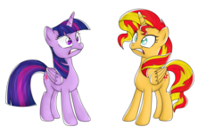 Size: 5000x3041 | Tagged: safe, artist:mixiepie, sunset shimmer, twilight sparkle, alicorn, pony, g4, alicornified, duo, race swap, shimmercorn, simple background, transparent background, twilight sparkle (alicorn)
