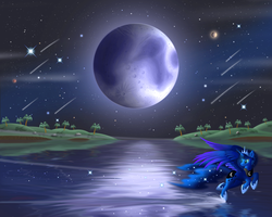 Size: 2500x2000 | Tagged: safe, artist:duskie-06, princess luna, g4, female, flying, high res, lake, moon, night, reflection, shooting star, solo, stars, water