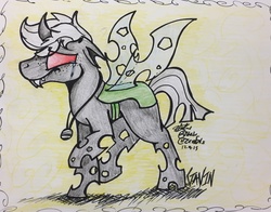 Size: 2737x2145 | Tagged: safe, artist:mineaime, oc, oc only, oc:gavin, changeling, crying, freckles, green changeling, high res, male, necklace, solo, traditional art