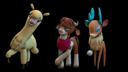 Size: 1920x1080 | Tagged: safe, artist:yoksaharat, arizona (tfh), paprika (tfh), velvet (tfh), alpaca, cow, deer, reindeer, them's fightin' herds, 3d, black background, cloven hooves, community related, female, grin, open mouth, simple background, smiling, snow, snowball, trio