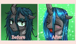 Size: 1000x572 | Tagged: safe, artist:jurisalis, queen chrysalis, changeling, changeling queen, g4, bed mane, before and after, bust, cute, cutealis, eyes closed, female, looking at you, messy mane, open mouth, smiling, solo