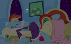 Size: 800x500 | Tagged: safe, artist:template93, rainbow dash, tank, pegasus, pony, g4, animated, bathrobe, blanket, clothes, couch, cute, eyes closed, female, mare, messy, night, on back, open mouth, patreon, pillow, robe, sleeping, snacks, solo, underhoof, zzz