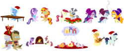 Size: 7800x3300 | Tagged: safe, artist:v0jelly, adagio dazzle, apple bloom, applejack, aria blaze, coloratura, derpy hooves, doctor whooves, moondancer, roseluck, scootaloo, sonata dusk, starlight glimmer, sunset shimmer, sweetie belle, time turner, trixie, twilight sparkle, zecora, alicorn, pony, zebra, g4, acoustic guitar, annoyed, book, christmas, christmas ponies, christmas presents, clothes, cute, cutie mark crusaders, decerations, eyes closed, female, flower, fourth doctor's scarf, guitar, hat, implied applejack, implied rainbow dash, implied rarity, male, mare, microphone, musical instrument, poinsettia, pointy ponies, ponified, present, raindeer hat, rara, santa hat, scarf, scissors, shared clothing, shared scarf, ship:doctorderpy, shipping, simple background, singing, sleeping, straight, striped scarf, table, the dazzlings, transparent background, tree, twilight sparkle (alicorn)