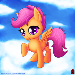 Size: 1280x1280 | Tagged: safe, artist:wwredgrave, scootaloo, pegasus, pony, g4, cloud, cute, cutealoo, female, filly, on a cloud, solo
