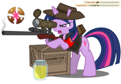 Size: 1622x1131 | Tagged: safe, artist:nikkikitty44, twilight sparkle, pony, unicorn, g4, crossover, cutie mark, female, gun, hat, hooves, horn, jar, jarate, mare, open mouth, optical sight, pee in container, rifle, simple background, sniper, sniper (tf2), sniper rifle, solo, team fortress 2, text, transparent background, twilight sniper, urine, vector, weapon