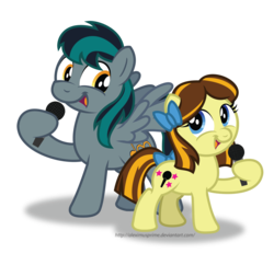 Size: 1952x1890 | Tagged: safe, artist:aleximusprime, oc, oc only, oc:blackgryph0n, earth pony, pegasus, pony, blackgryph0n, cute, duo, michelle creber, microphone, ponysona, simple background, singing, transparent background, vector