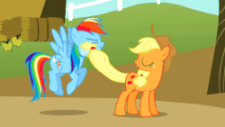 Size: 691x389 | Tagged: safe, screencap, applejack, rainbow dash, earth pony, pegasus, pony, fall weather friends, g4, animated, dusting, eyes closed, female, gif, mare, prehensile tail