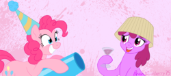 Size: 866x384 | Tagged: safe, artist:brianblackberry, berry punch, berryshine, pinkie pie, g4, alcohol, drink, food, grin, hat, lampshade, lampshade hat, new year, party cannon, party hat