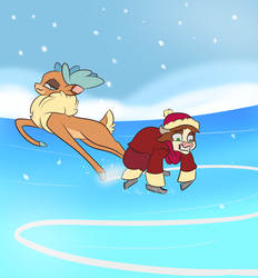 Size: 836x900 | Tagged: safe, artist:alorix, arizona (tfh), velvet (tfh), cow, deer, reindeer, them's fightin' herds, community related, female, ice skates, ice skating, lesbian, ship:velvezona, shipping, snow, snowfall, velvezona daily