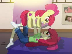 Size: 2320x1733 | Tagged: safe, artist:sumin6301, apple bloom, earth pony, human, pony, crusaders of the lost mark, equestria girls, g4, adorabloom, apple bloom's bow, applebetes, backwards cutie mark, bed, bow, clothes, curtains, cute, cutie mark, daaaaaaaaaaaw, female, filly, grin, hair bow, hnnng, holding a pony, human ponidox, jeans, korean, looking down, looking up, lying down, open mouth, pants, pony pet, puffy sleeves, shirt, smiling, socks, square crossover, sumin6301 is trying to murder us, sweet dreams fuel, t-shirt, the cmc's cutie marks, weapons-grade cute, when you see it