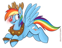 Size: 890x703 | Tagged: safe, artist:spainfischer, rainbow dash, deer, pegasus, pony, reindeer, g4, antlers, female, glowing nose, open mouth, reindeer dash, rudolph dash, simple background, solo, transparent background