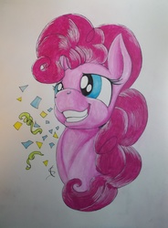 Size: 3093x4206 | Tagged: safe, artist:scribblepwn3, pinkie pie, earth pony, pony, g4, confetti, female, pen drawing, portrait, smiling, solo, traditional art, watercolor painting