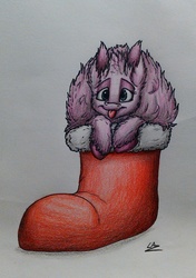Size: 1911x2714 | Tagged: safe, artist:lupiarts, part of a set, oc, oc only, oc:fluffle puff, pony, advent calendar, christmas stocking, goomba's shoe, solo, traditional art