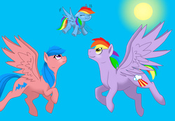 Size: 800x557 | Tagged: safe, artist:colourstrike, firefly, rainbow blaze, rainbow dash, pegasus, pony, g1, g4, cute, dashabetes, family, father and child, father and daughter, female, filly, filly rainbow dash, firefly as rainbow dash's mom, first flight, flying, foal, g1 to g4, generation leap, male, mare, mother and child, mother and daughter, ship:fireblaze, stallion