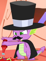 Size: 340x450 | Tagged: safe, screencap, spike, dragon, g4, owl's well that ends well, season 1, cape, clothes, dastardly spike, food, hat, ketchup, male, outfit catalog, sauce, solo, top hat, you know for kids