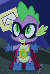 Size: 464x684 | Tagged: safe, screencap, spike, g4, my little pony: friendship is magic, power ponies (episode), clothes, costume, humdrum costume, male, outfit catalog, power ponies, solo