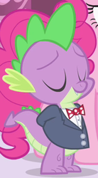 Size: 199x360 | Tagged: safe, screencap, pinkie pie, spike, g4, my little pony: friendship is magic, simple ways, classy, clothes, outfit catalog, tuxedo