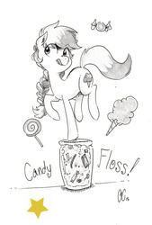 Size: 800x1183 | Tagged: safe, artist:glacierclear, oc, oc only, oc:candy floss, earth pony, pony, candy, cute, earth pony oc, female, food, gold star, lollipop, monochrome, partial color, solo, standing, standing on one leg, tongue out, traditional art