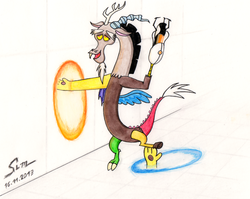 Size: 1920x1525 | Tagged: safe, artist:abyssalemissary, discord, g4, portal (valve), portal gun, scratching