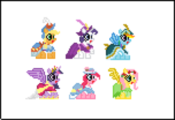 Size: 760x520 | Tagged: safe, artist:8bitbrony, applejack, fluttershy, pinkie pie, rainbow dash, rarity, twilight sparkle, alicorn, pony, g4, magical mystery cure, 8-bit, clothes, coronation dress, dress, female, mare, pixel art, simple background, twilight sparkle (alicorn), white background