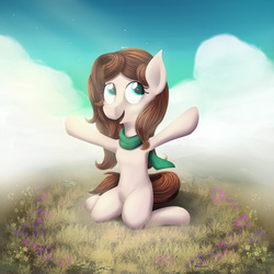 Size: 3000x3000 | Tagged: safe, artist:blackligerth, oc, oc only, earth pony, pony, clothes, field, flower, fog, high res, kneeling, looking away, scarf, solo