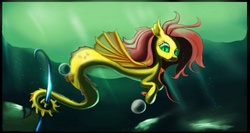 Size: 1225x651 | Tagged: safe, artist:auroriia, fluttershy, sea serpent, g4, female, hook, solo, species swap, underwater, watershy