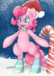 Size: 3307x4677 | Tagged: safe, artist:angelwing314, pinkie pie, earth pony, pony, g4, bipedal, candy, candy cane, christmas, clothes, female, food, hat, santa hat, scarf, snow, snowfall, socks, solo, striped socks